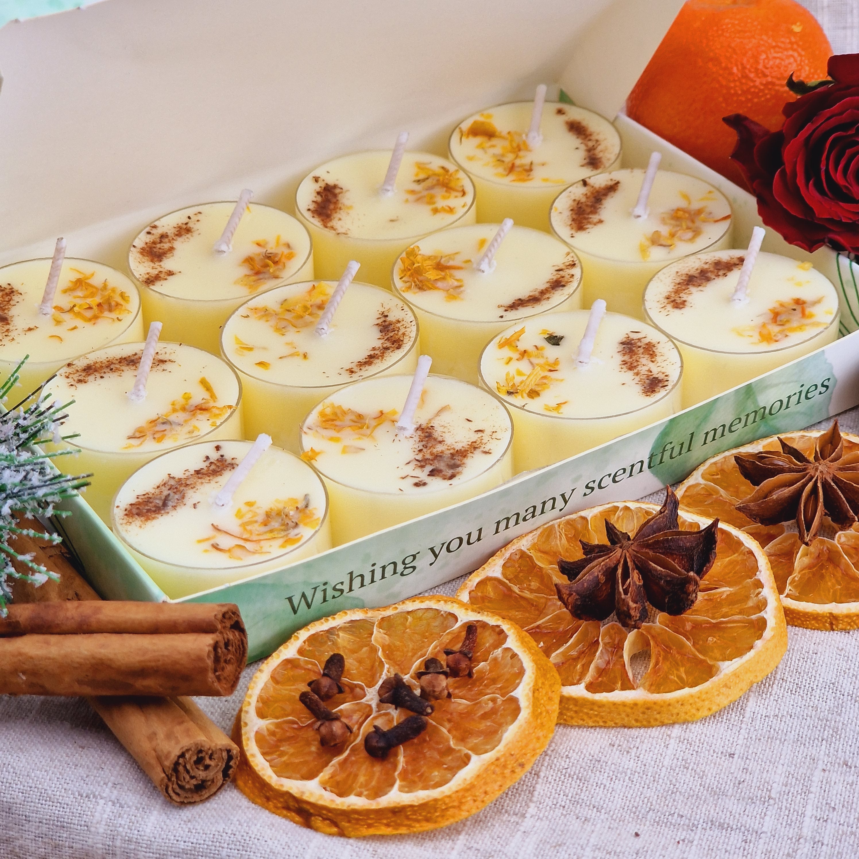 Christmas Spice Scented Soy Wax Tea Light Candles Gift Box | 12 Tealight Candles Gift Set