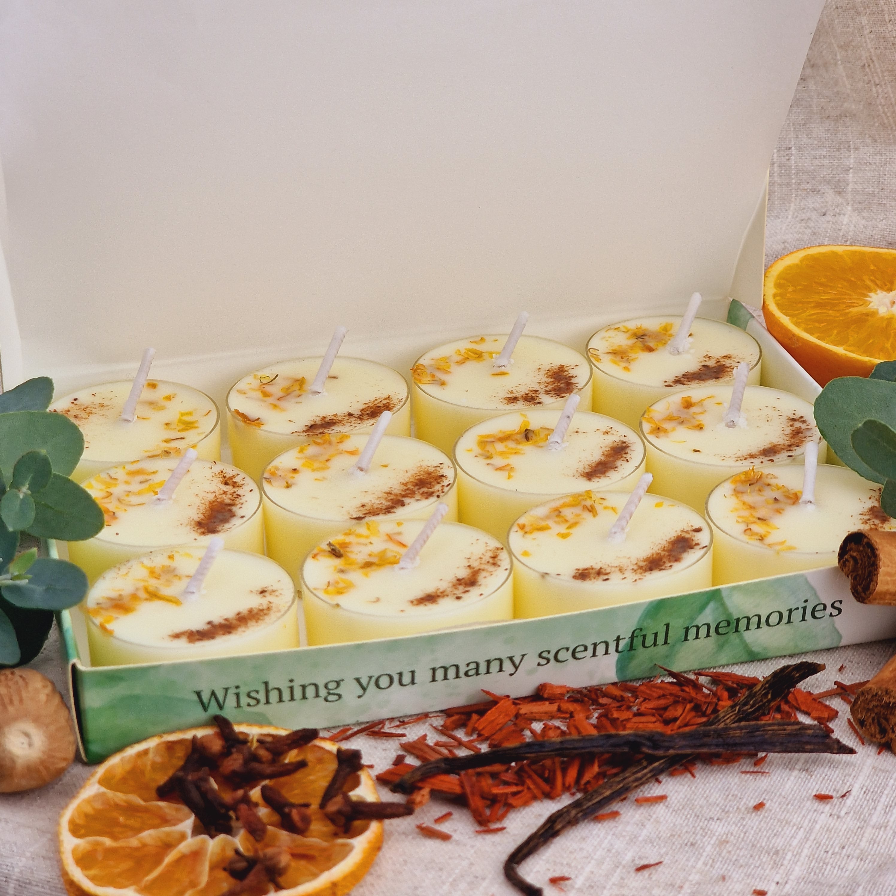 Spiced Orange Scented Soy Wax Tea Light Candles Gift Box | 12 Tealight Candles Gift Set