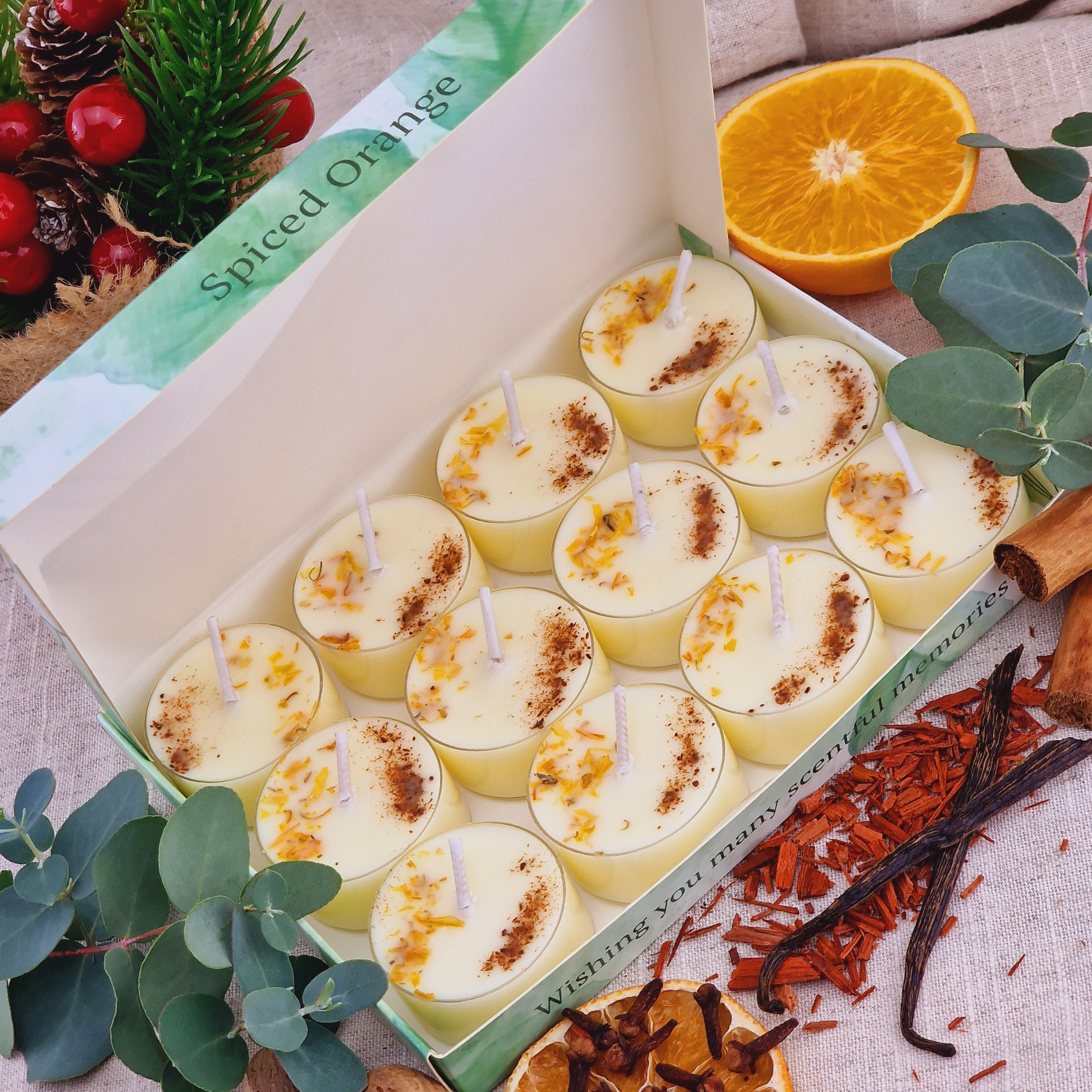 Spiced Orange Scented Soy Wax Tea Light Candles Gift Box | 12 Tealight Candles Gift Set