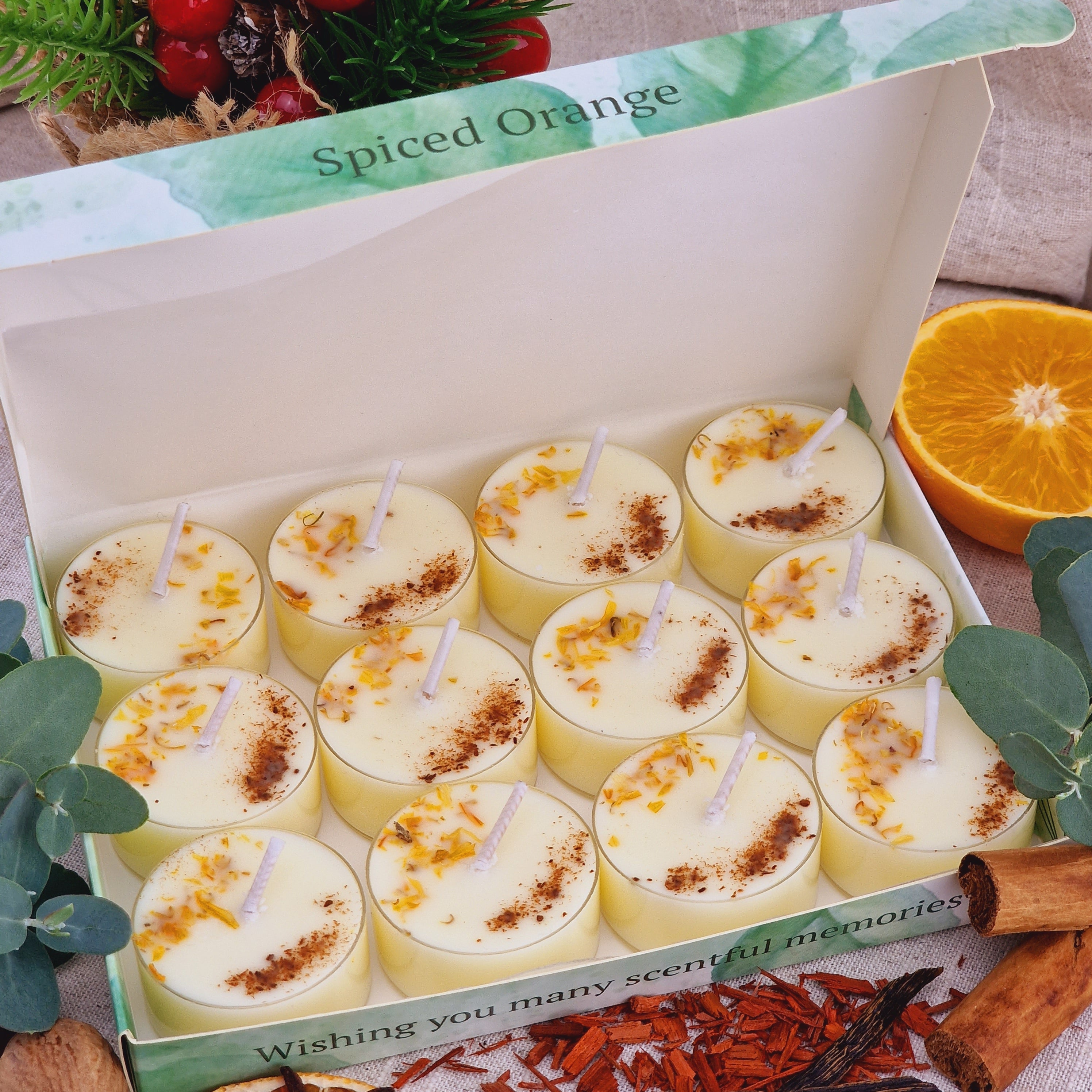 Spiced Orange Scented Soy Wax Tea Light Candles Gift Box | 12 Tealight Candles Gift Set