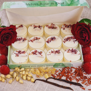 Velvet Rose & Oud Scented Soy Wax Tea Light Candles Gift Box | 12 Tealight Candles Gift Box