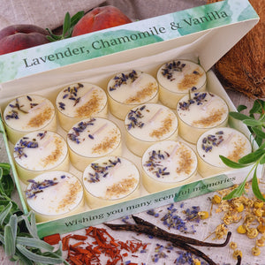 Lavender Chamomile Vanilla Scented Soy Wax Tea Light Candles Gift Box | 12 Tealight Candles Gift Set