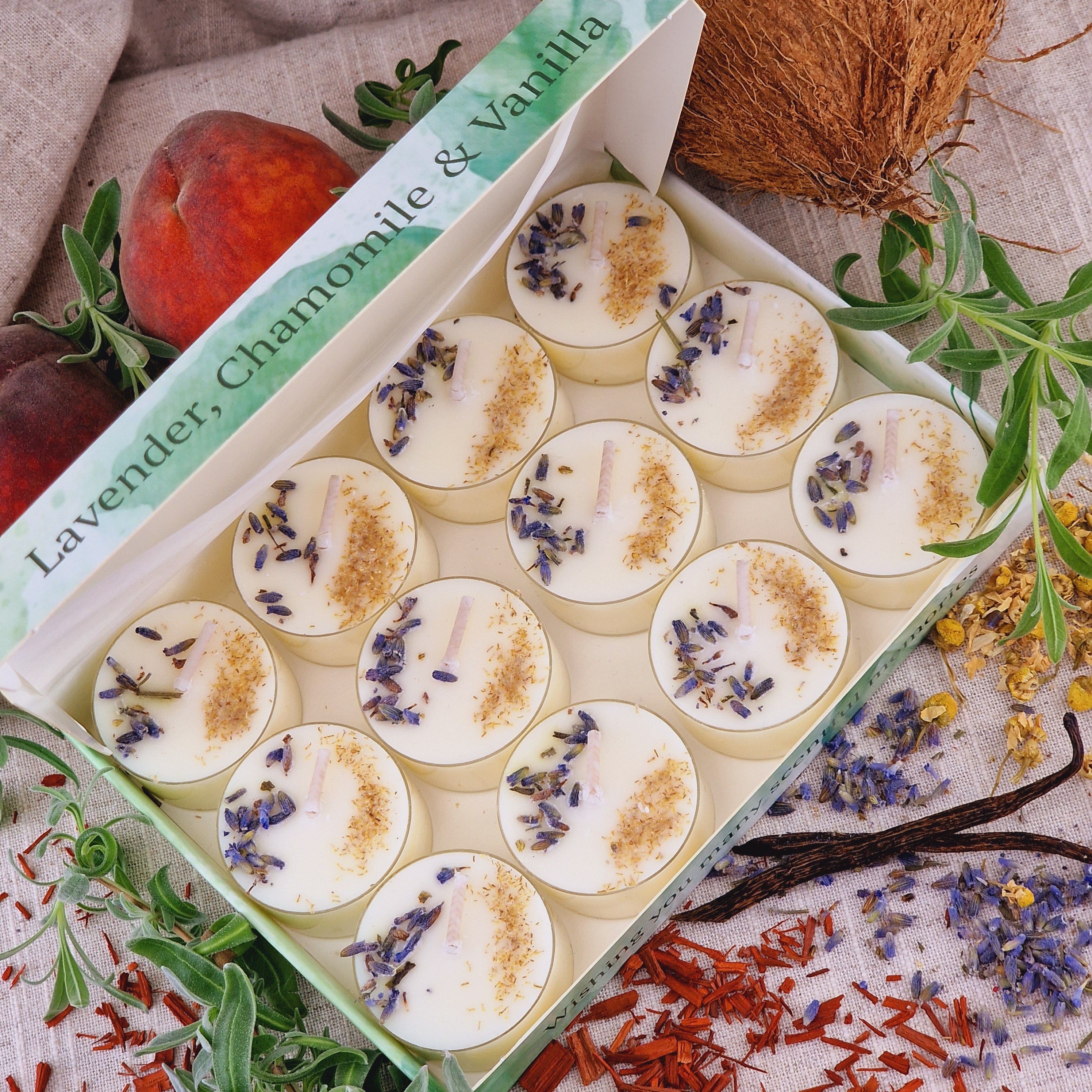 Lavender Chamomile Vanilla Scented Soy Wax Tea Light Candles Gift Box | 12 Tealight Candles Gift Set