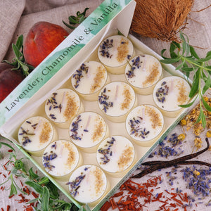 Lavender Chamomile Vanilla Scented Soy Wax Tea Light Candles Gift Box | 12 Tealight Candles Gift Set