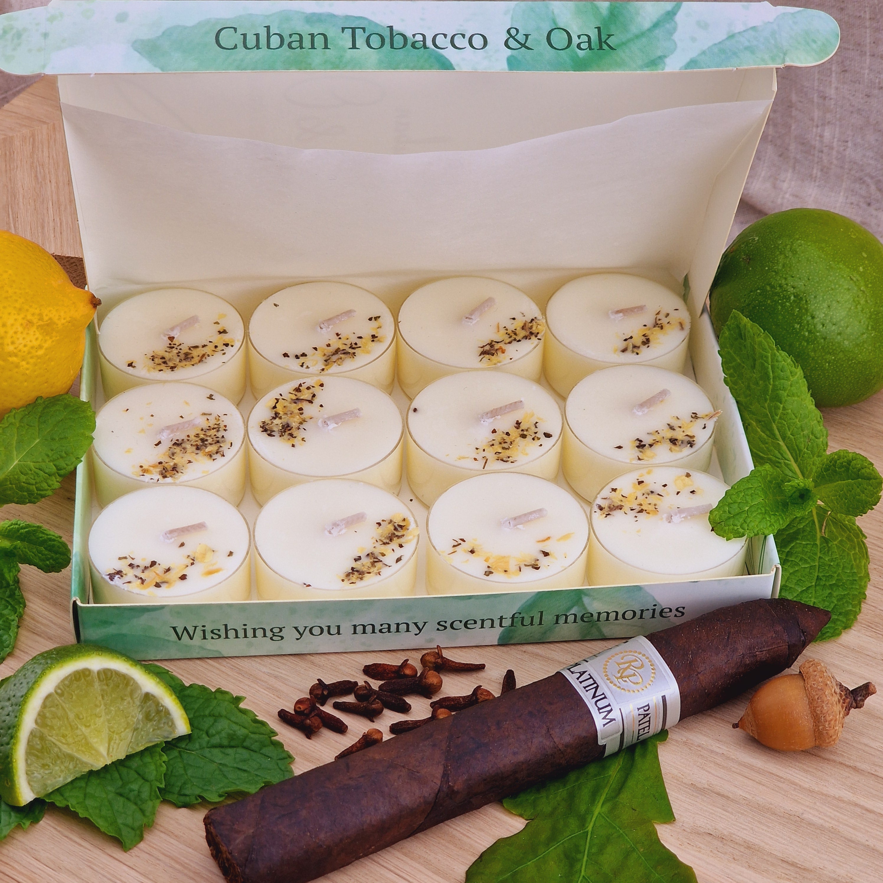 Cuban Tobacco & Oak Scented Soy Wax Tea Light Candles Gift Box | 12 Tealight Candles Gift Set