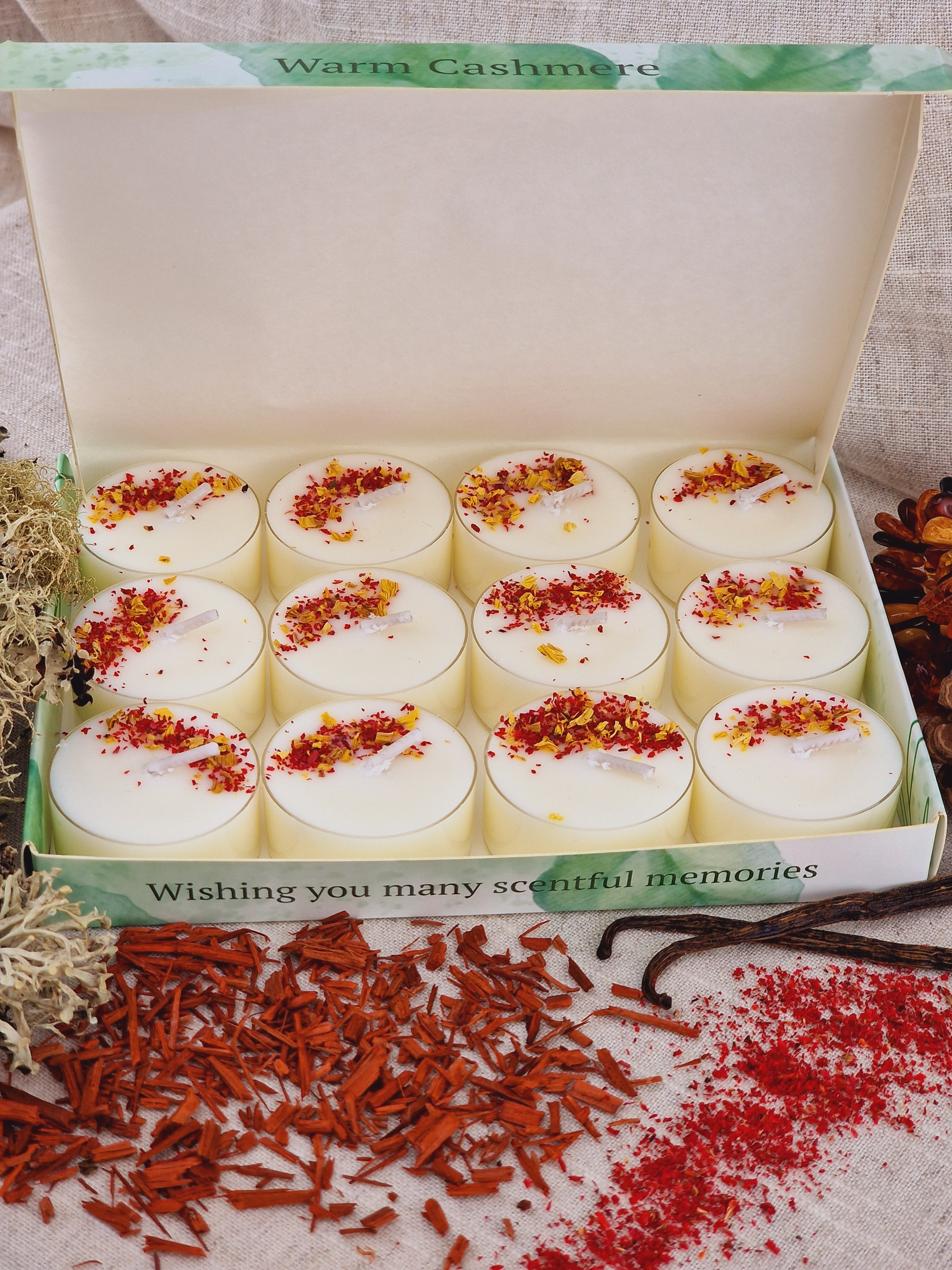 Warm Cashmere Scented Soy Wax Tea Light Candles Gift Box | 12 Tealight Candles Gift Set
