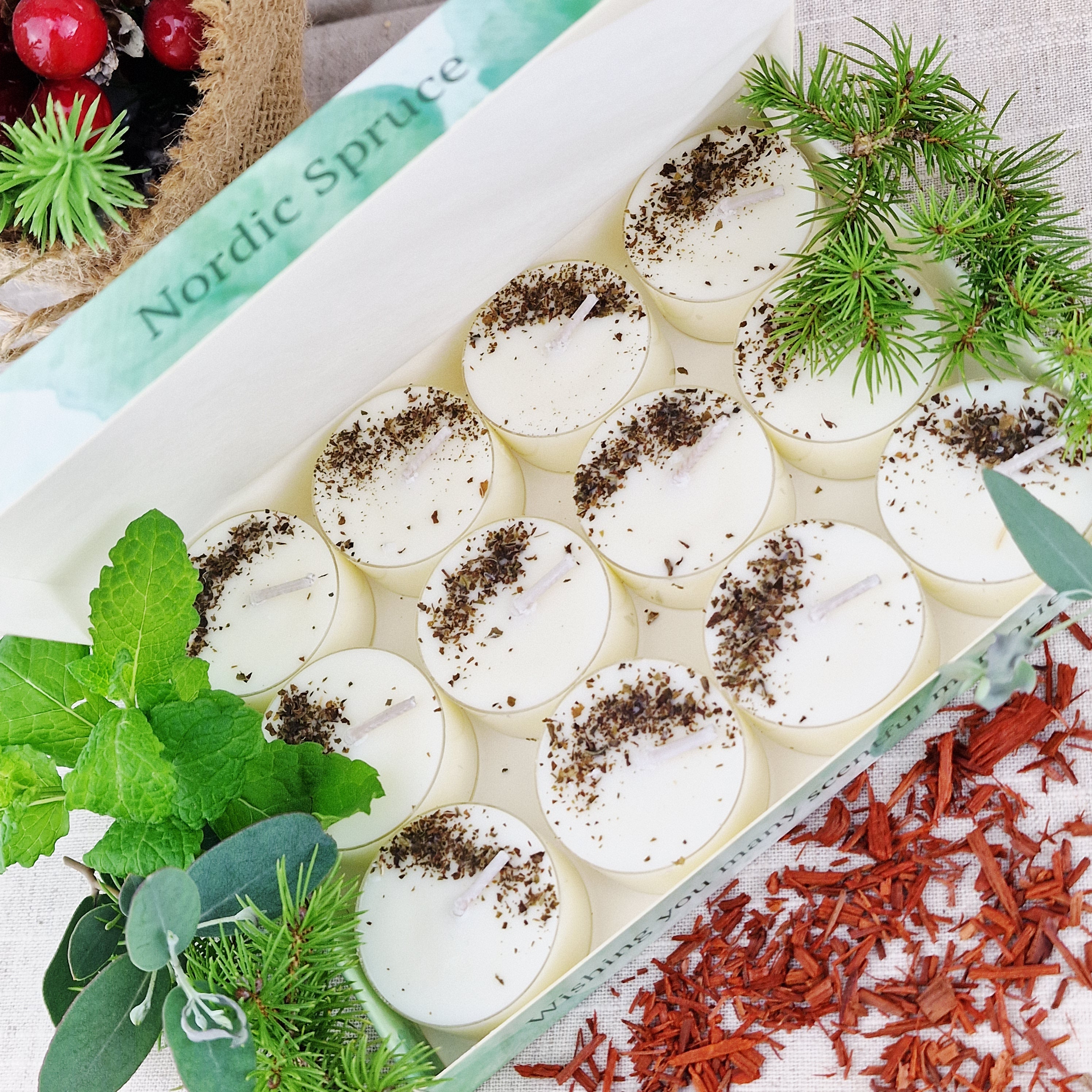 Nordic Spruce Scented Soy Wax Tea Light Candles Gift Box | 12 Tealight Candles Gift Set