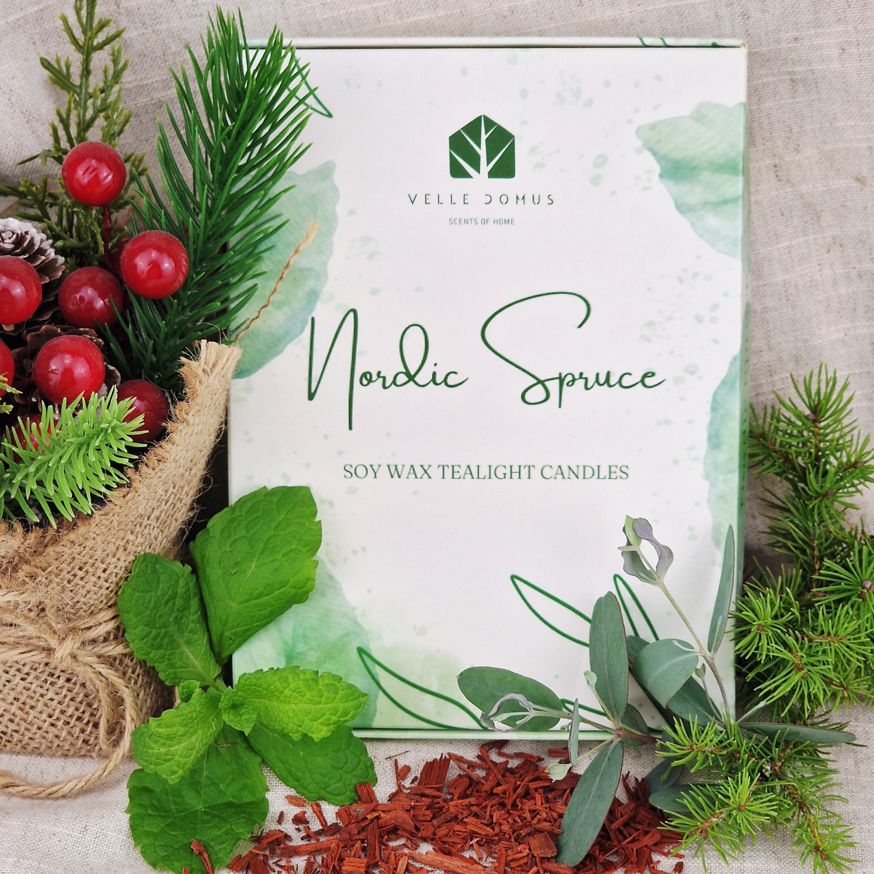 Nordic Spruce Scented Soy Wax Tea Light Candles Gift Box | 12 Tealight Candles Gift Set